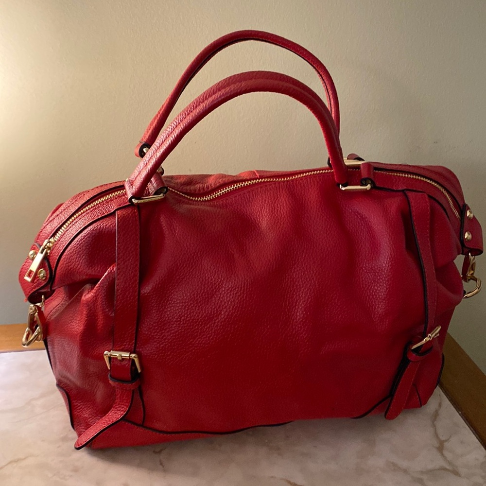 Ora Delphine Adele bright red 100% leather satchel w gold tone hardware